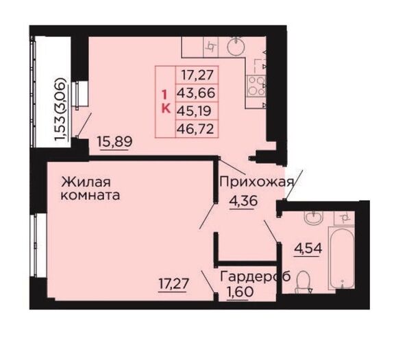 Планировка 1-комн 45,19 м²