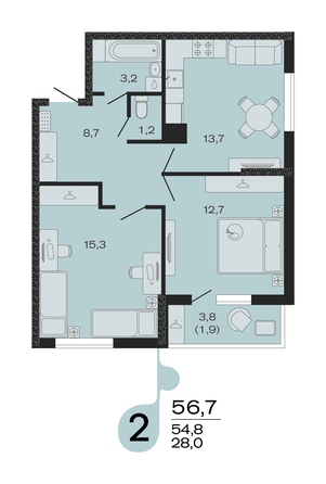 Планировка 2-комн 56,7 м²