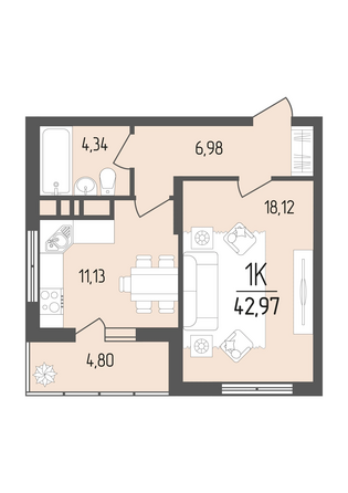 Планировка 1-комн 42,97 м²