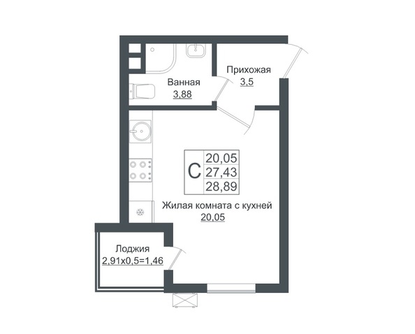 Планировка Студия 28,89 м²