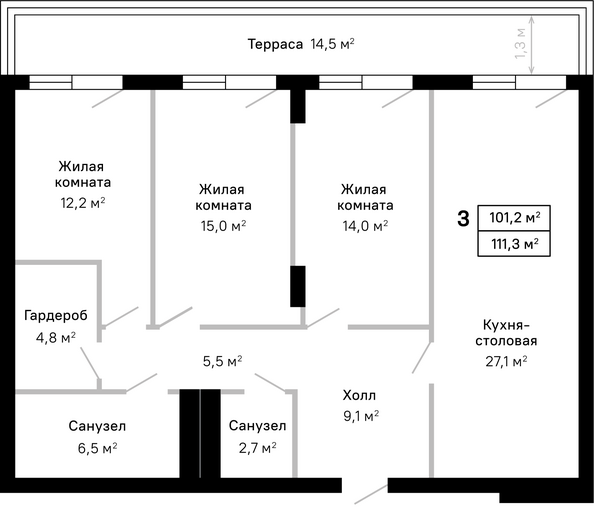Планировка 3-комн 111,3 м²