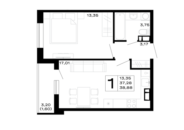 Планировка 1-комн 38,88 м²