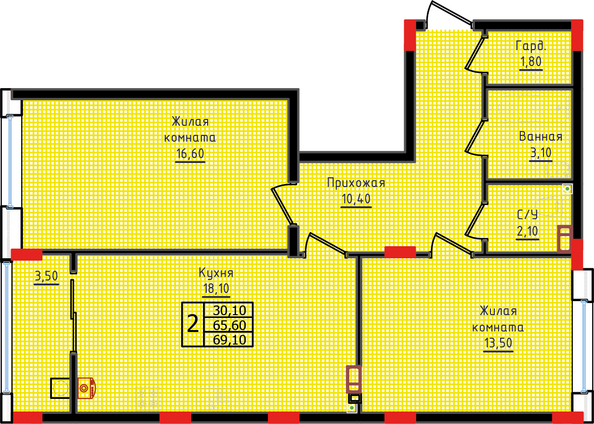 Планировка 2-комн 69, 69,1 м²