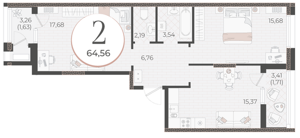 Планировка 2-комн 64,56 м²