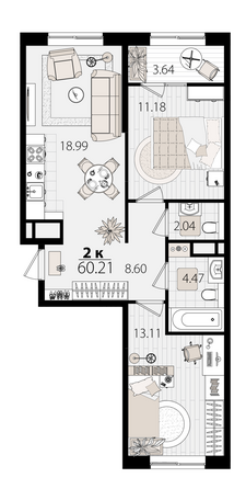 Планировка 2-комн 59,51 м²