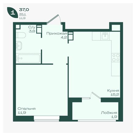 Планировка 1-комн 37, 37,5 м²