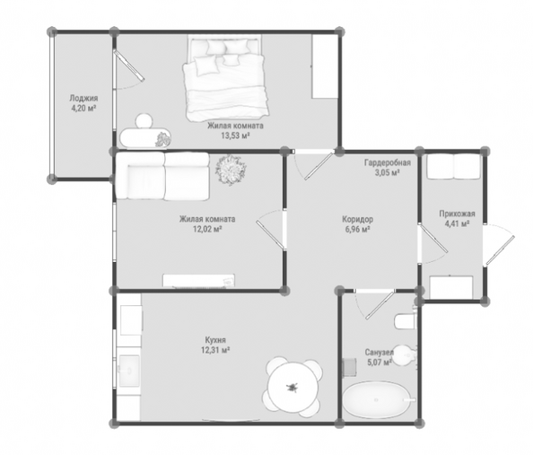 Планировка 2-комн 59,45 м²