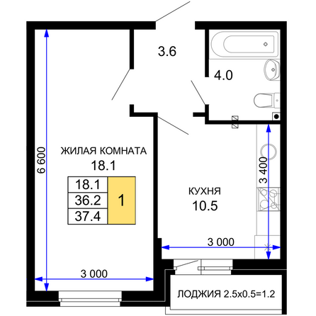 Планировка 1-комн 37,4 м²