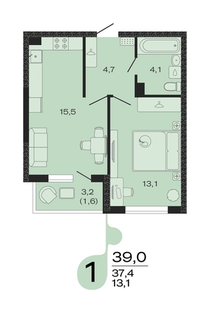 Планировка 1-комн 39 м²