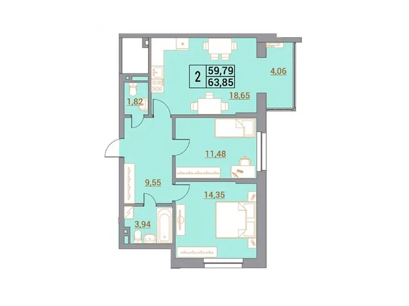 Планировка 2-комн 63,74 - 63,85 м²