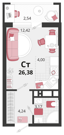 Планировка 1-комн 26,38 м²