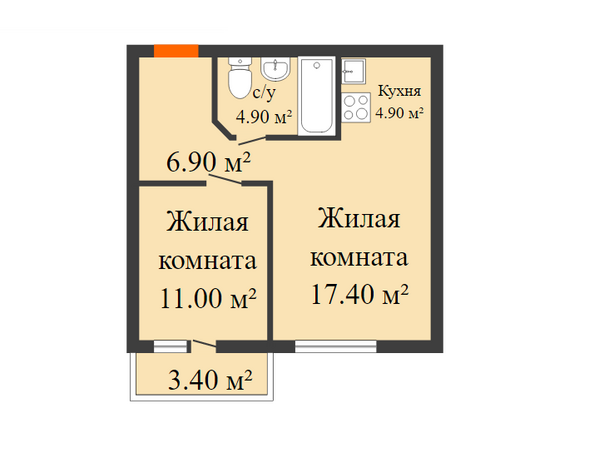 Планировка 2-комн 45 - 45,8 м²