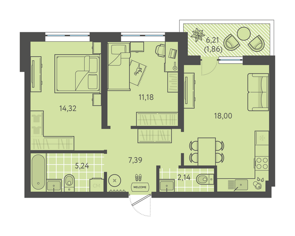 Планировка 2-комн 60,13 м²