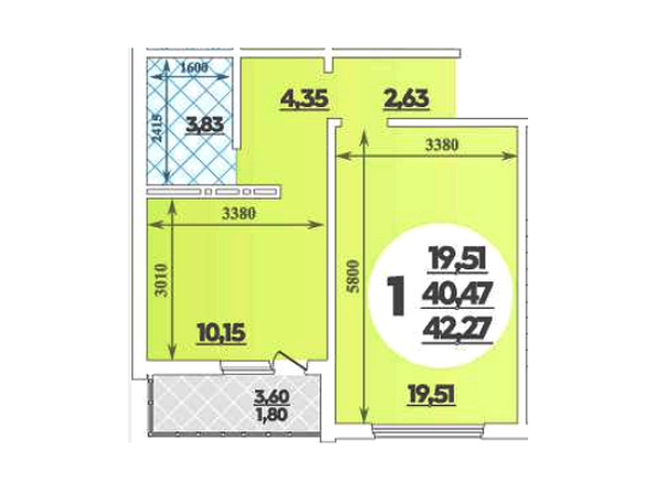 Планировка 1-комн 42,27 м²
