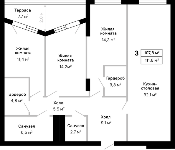 Планировка 3-комн 111,6 м²