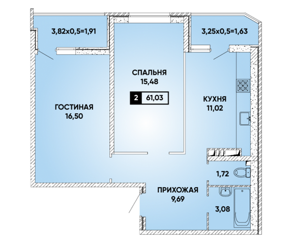 Планировка 2-комн 61,03 м²