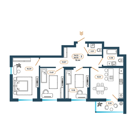 Планировка 3-комн 78,44 м²
