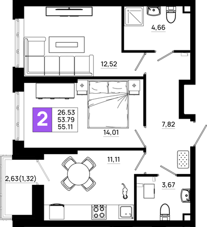 Планировка 2-комн 55,11 м²
