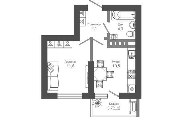 Планировка 1-комн 31,3 м²