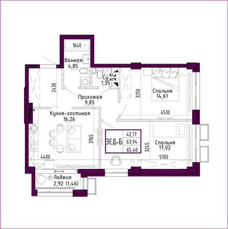 Планировка 3-комн 65,4 м²