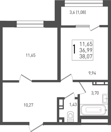Планировка 1-комн 38,07 м²