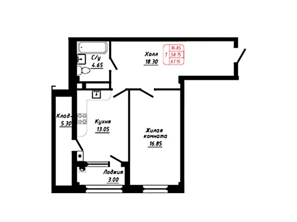Планировка 1-комн 61,15 м²