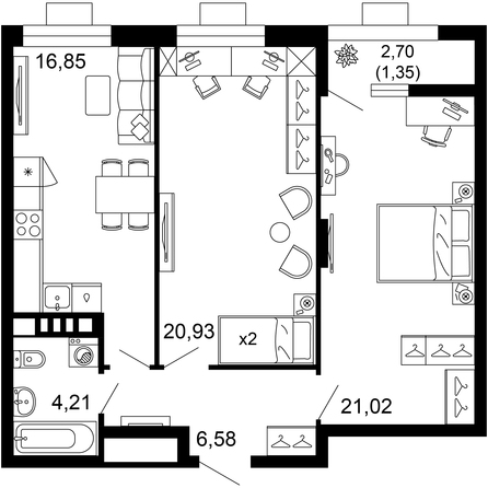 Планировка 2-комн 70,94 м²