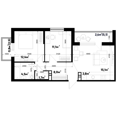 Планировка 3-комн 60 м²