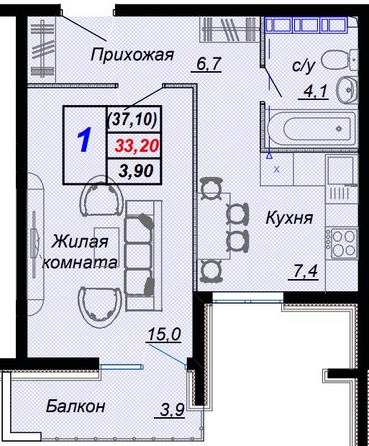 Планировка 1-комн 37,1 м²