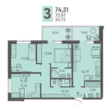 Планировка 3-комн 74,51 м²