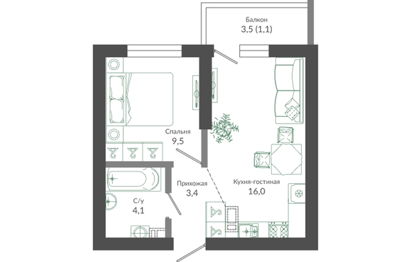 Планировка 1-комн 34,1 м²