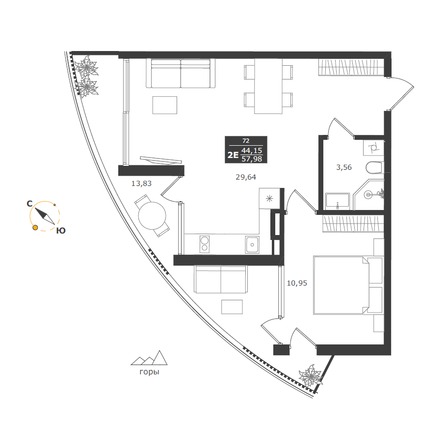 Планировка Апартамент 57,98 м²