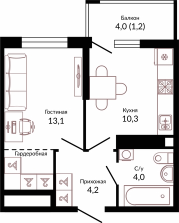 Планировка 1-комн 32,8 м²