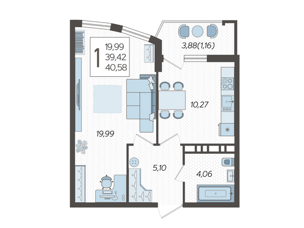 Планировка 1-комн 40,58 м²