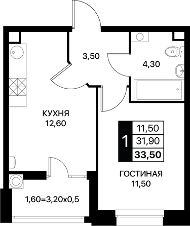 Планировка 1-комн 33,5 м²