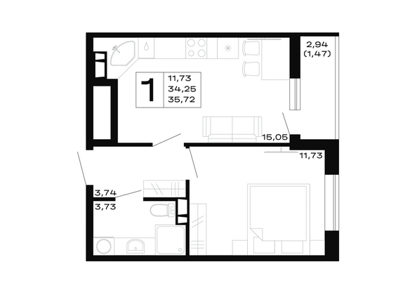 Планировка 1-комн 35,72 м²