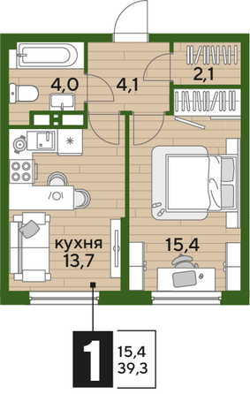 Планировка 1-комн 39,3 м²