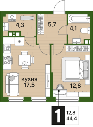 Планировка 1-комн 44,4 м²