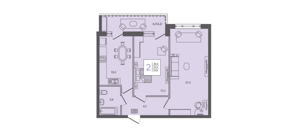 Планировка 2-комн 57,9 м²