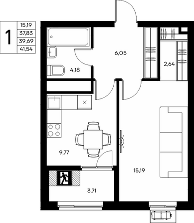 Планировка 1-комн 41,54 м²