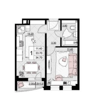 Планировка 1-комн 34,7 м²
