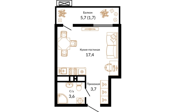 Планировка 1-комн 26,4 м²