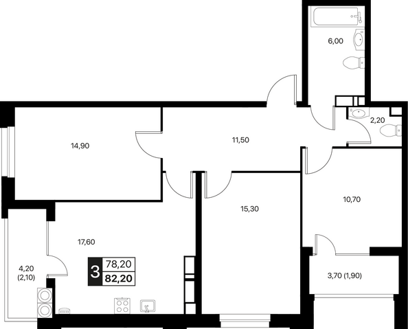 Планировка 3-комн 82,2 - 83,2 м²