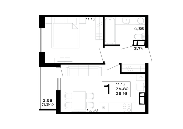 Планировка 1-комн 36,16 м²