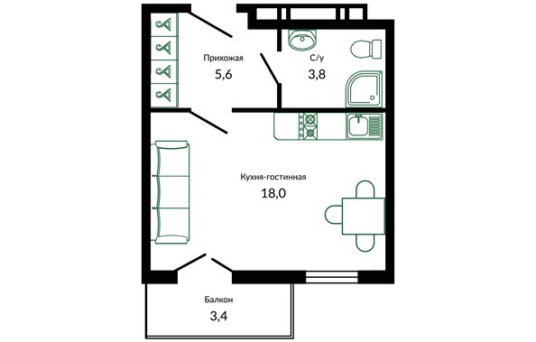 Планировка 1-комн 28,4 м²