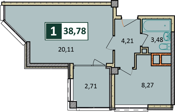 Планировка 1-комн 38,78 м²