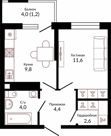 Планировка 1-комн 33,4 - 33,9 м²