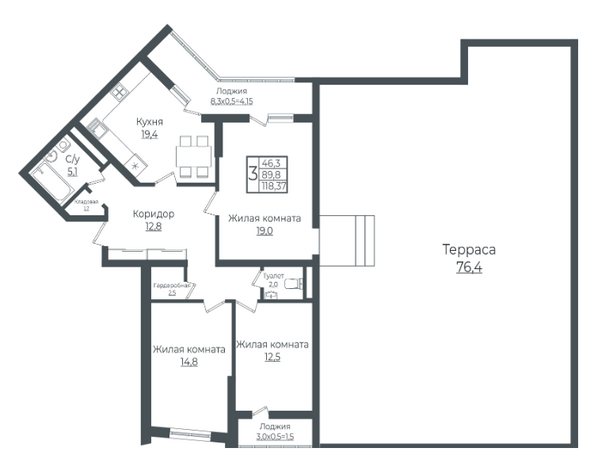 Планировка 3-комн 118,37 м²