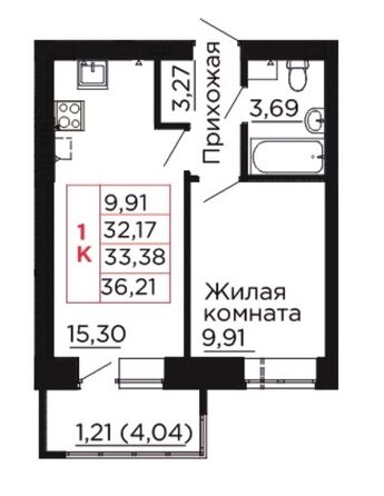 Планировка 1-комн 33,38 м²