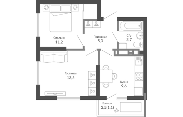 Планировка 2-комн 44,1 м²